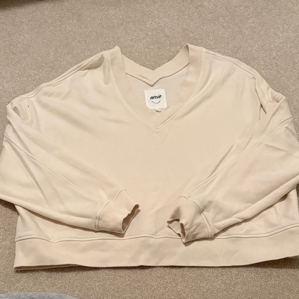 Aerie Cream V-Neck Sweatshirt
